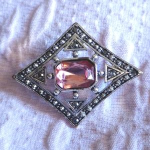 Vintage Silver Marcasite Pink cushion cut Stone Art Deco Revival Pin Brooch